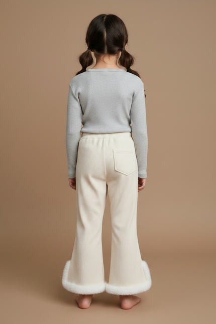 Pantalon Patte D'Éléphant Crème Côtelé Doux Fourrure Enfant - Beige Cordé - vue 2