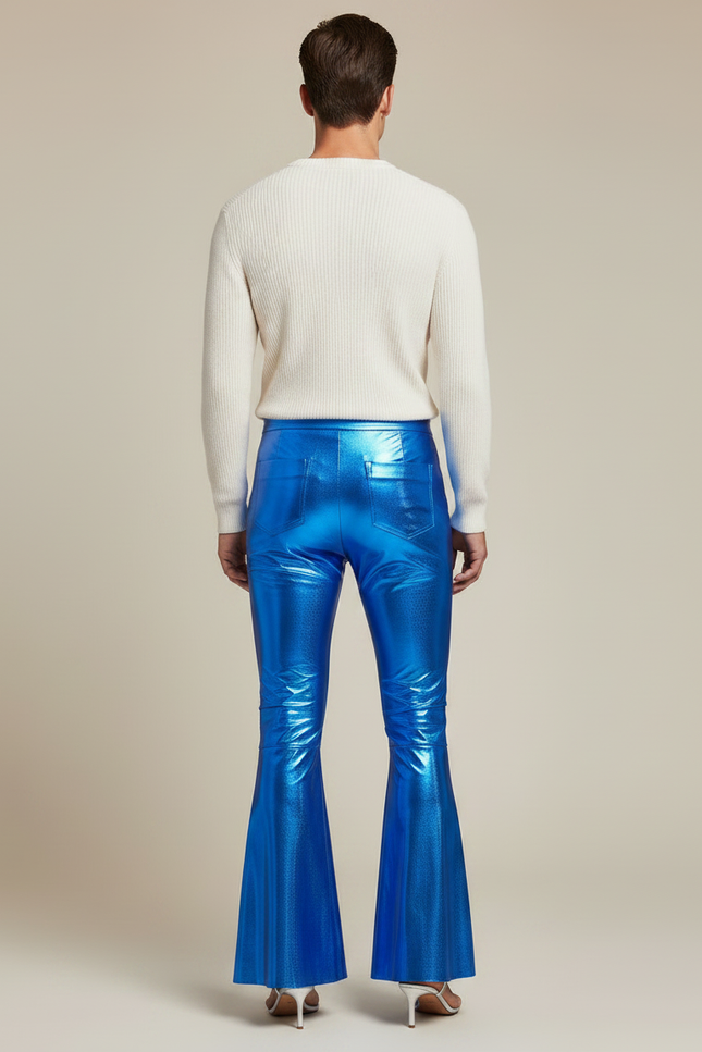Pantalon Patte D'Éléphant Bleu Métallique Brillant Évasé Homme - Polyester - vue 2