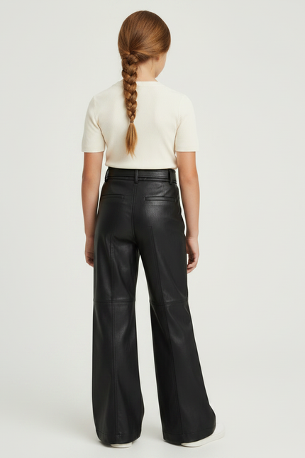 Pantalon Patte D'Éléphant Noir Similicuir Taille Haute Ceinturé - Simili cuir - vue 2