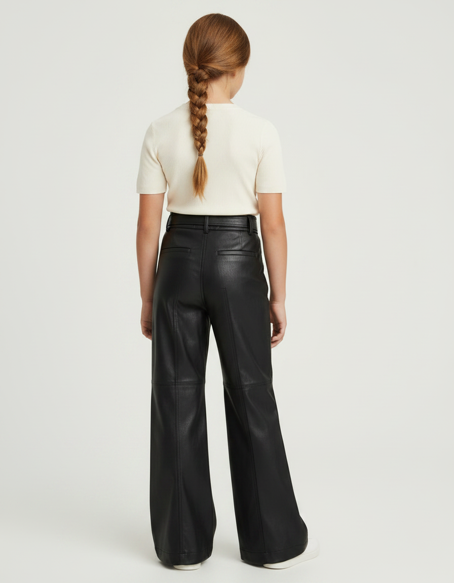 Pantalon Patte D'Éléphant Noir Similicuir Taille Haute Ceinturé - Simili cuir - vue 2