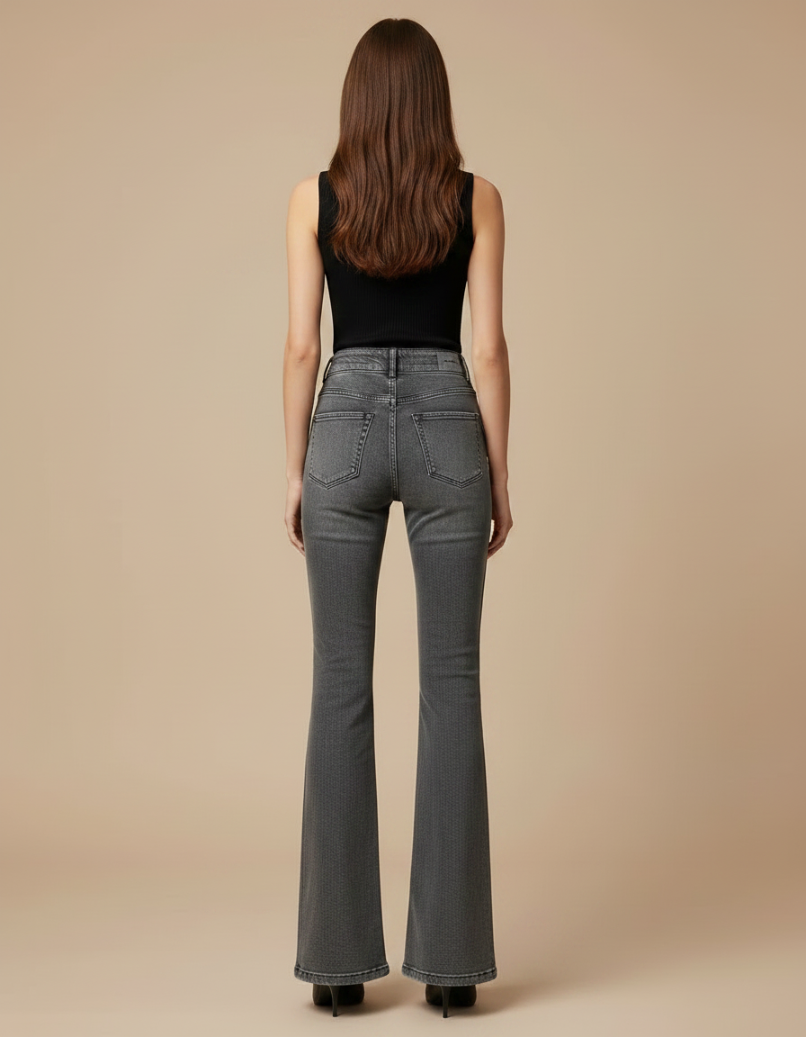 Pantalon Patte D'Éléphant Jean Gris Taille Haute Effet Vieilli - vue 2