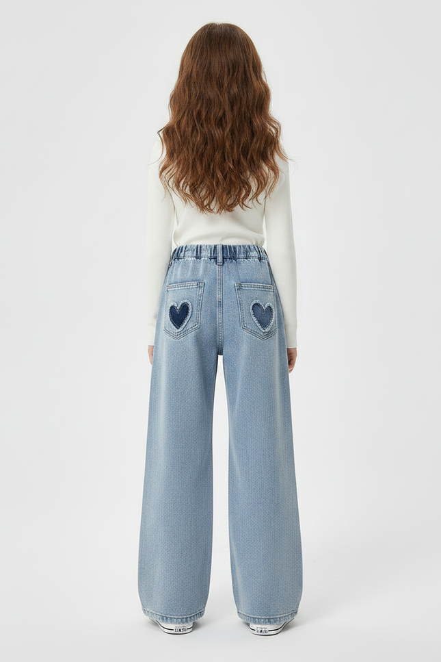 Pantalon Patte D'Éléphant Denim Cœur Évasé Fille Décontracté - Bleu Jean - vue 2