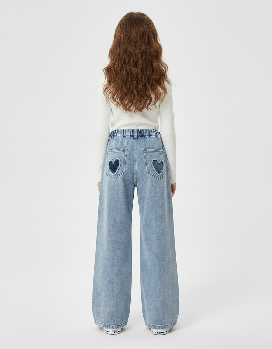 Pantalon Patte D'Éléphant Denim Cœur Évasé Fille Décontracté - Bleu Jean - vue 2