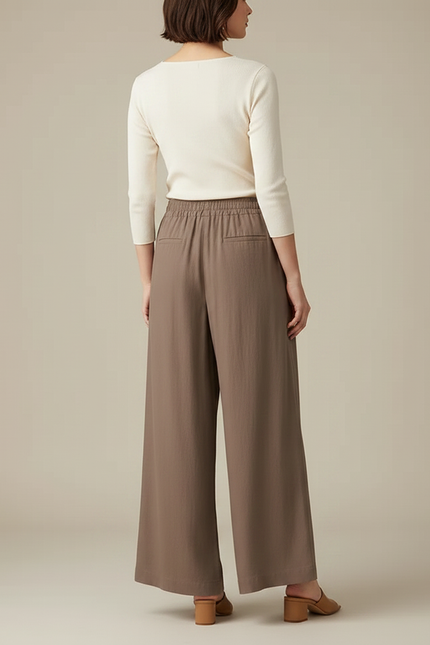Pantalon Patte D'Éléphant Marron Lin Ample Taille Élastique Léger - vue 2