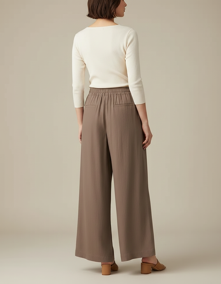 Pantalon Patte D'Éléphant Marron Lin Ample Taille Élastique Léger - vue 2