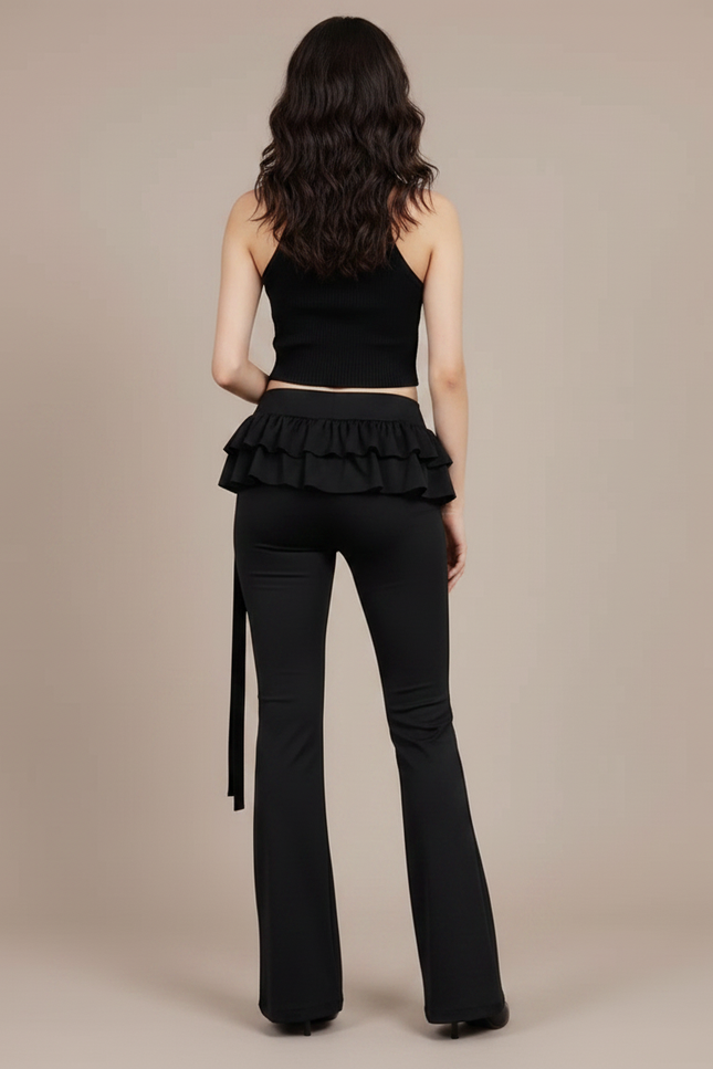 Pantalon Patte D'Éléphant Noir Volants Ceinture Fluide Élégant - Polyester - vue 2
