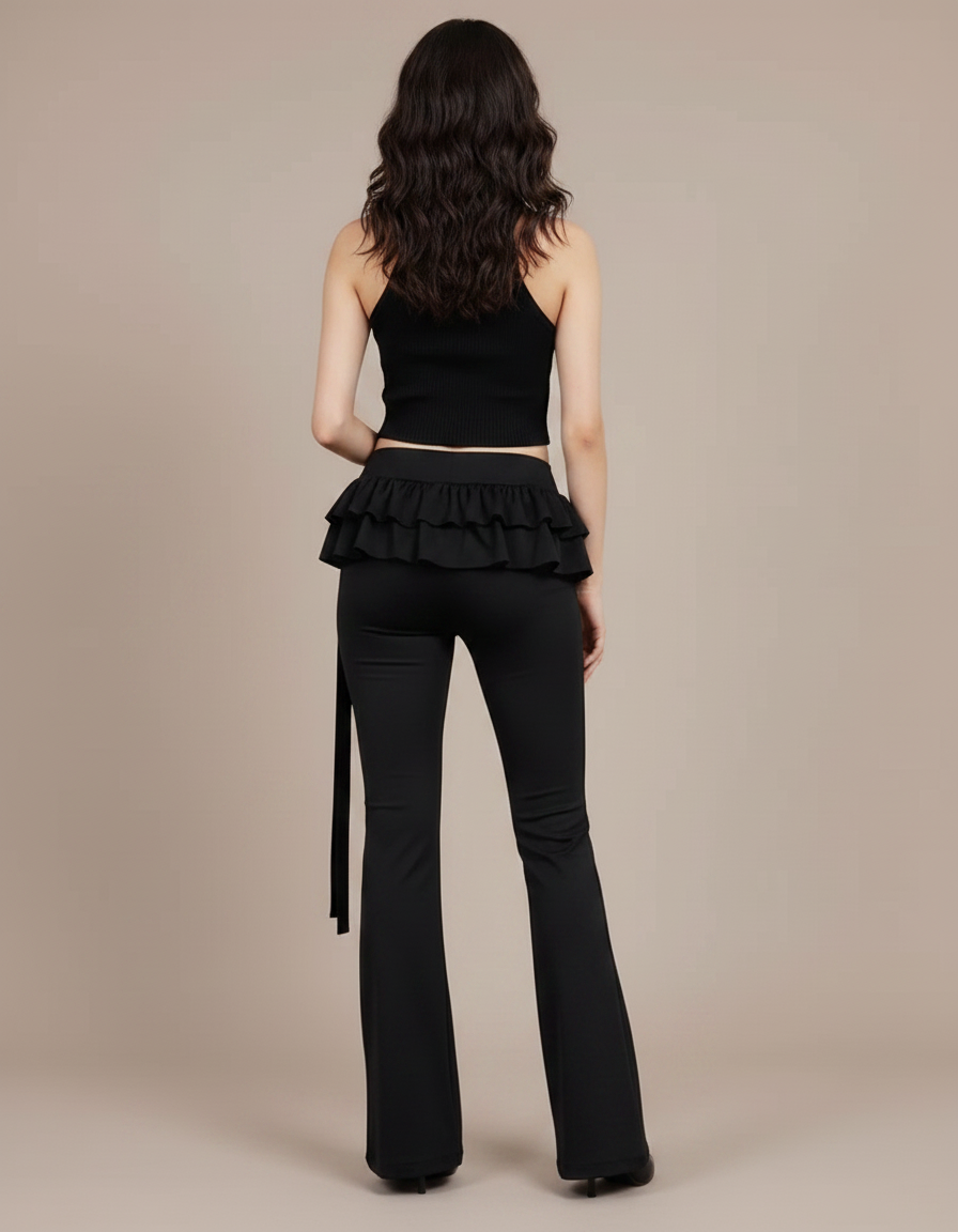 Pantalon Patte D'Éléphant Noir Volants Ceinture Fluide Élégant - Polyester - vue 2