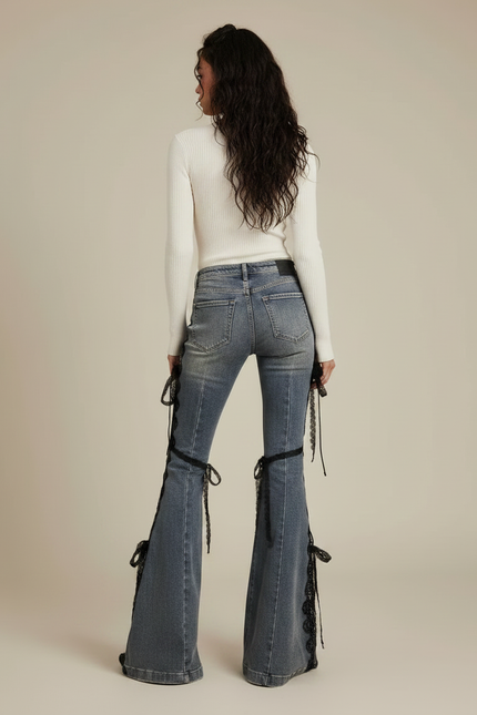 Pantalon Patte D'Éléphant Denim Évasé Lacets Dentelle Femme - Bleu Jean - vue 2