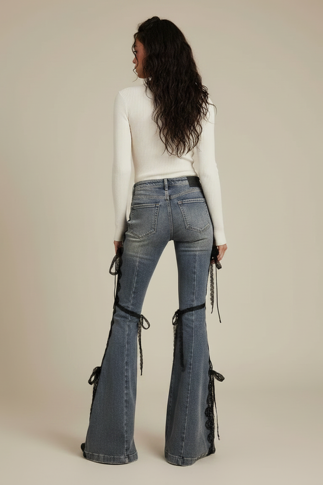 Pantalon Patte D'Éléphant Denim Évasé Lacets Dentelle Femme - Bleu Jean - vue 2