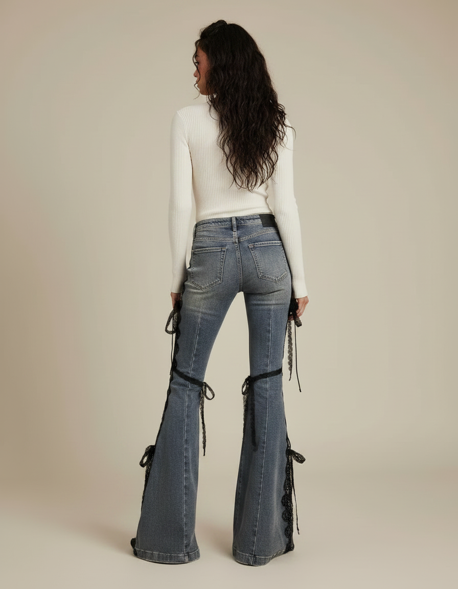 Pantalon Patte D'Éléphant Denim Évasé Lacets Dentelle Femme - Bleu Jean - vue 2