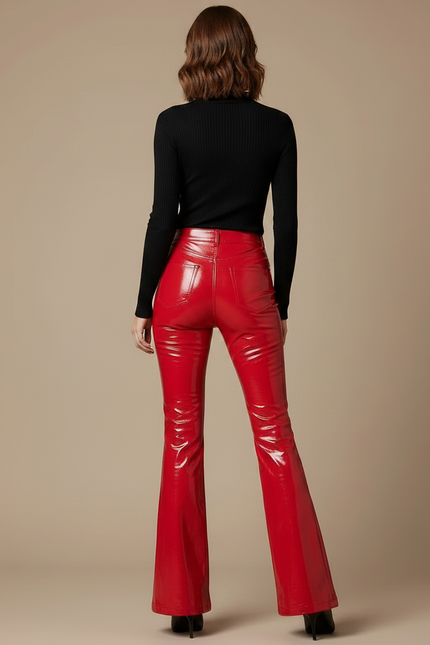 Pantalon Patte D'Éléphant Rouge Brillant Taille Haute Évasé - Simili cuir - vue 2