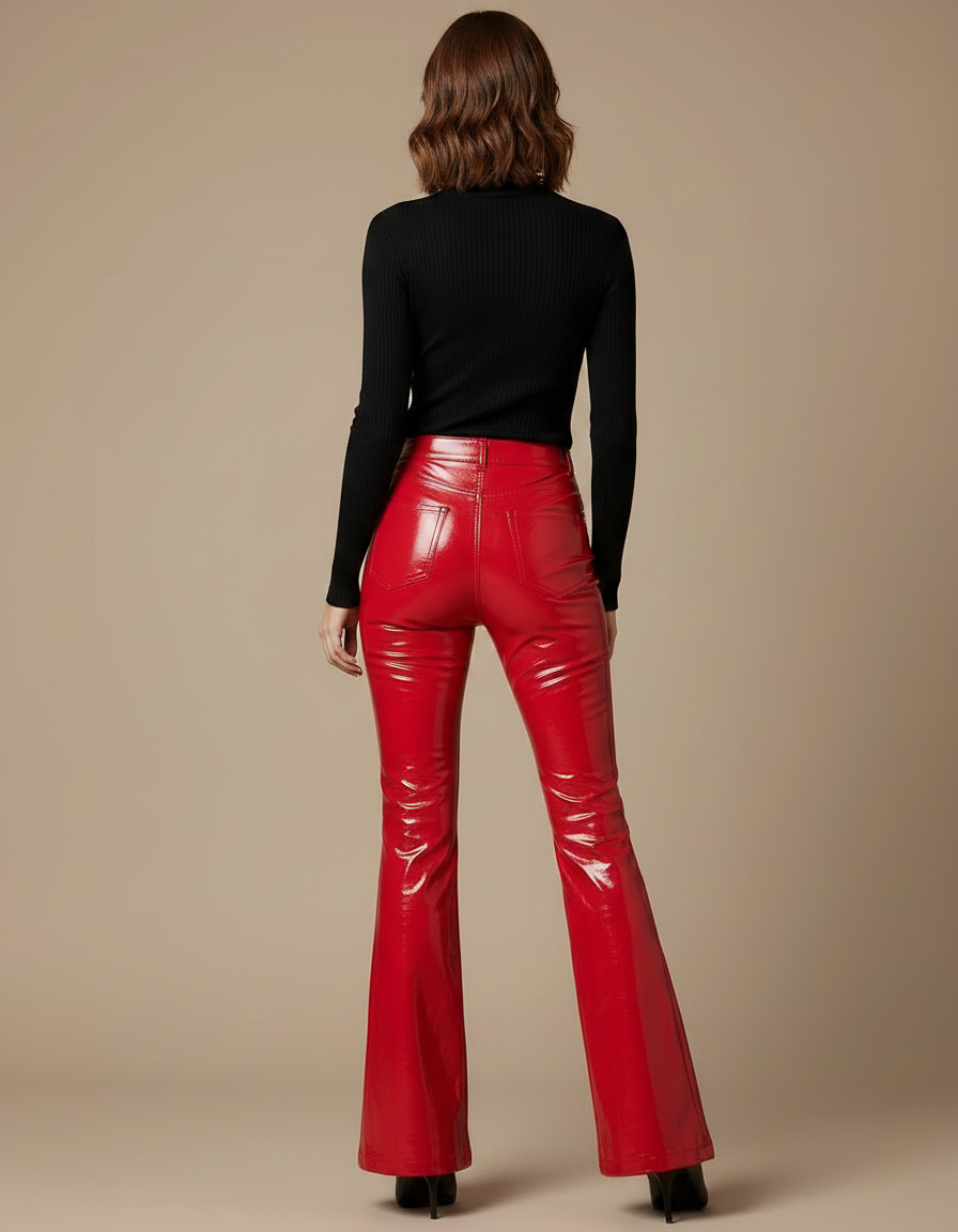 Pantalon Patte D'Éléphant Rouge Brillant Taille Haute Évasé - Simili cuir - vue 2