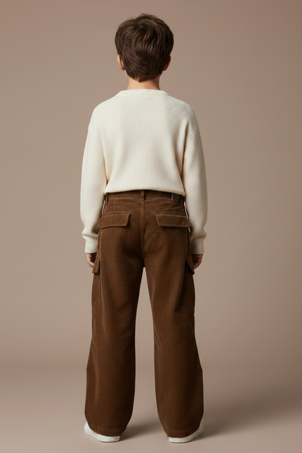 Pantalon Patte D'Éléphant Marron Côtelé Ample Cargo Enfant - Cordé - vue 2
