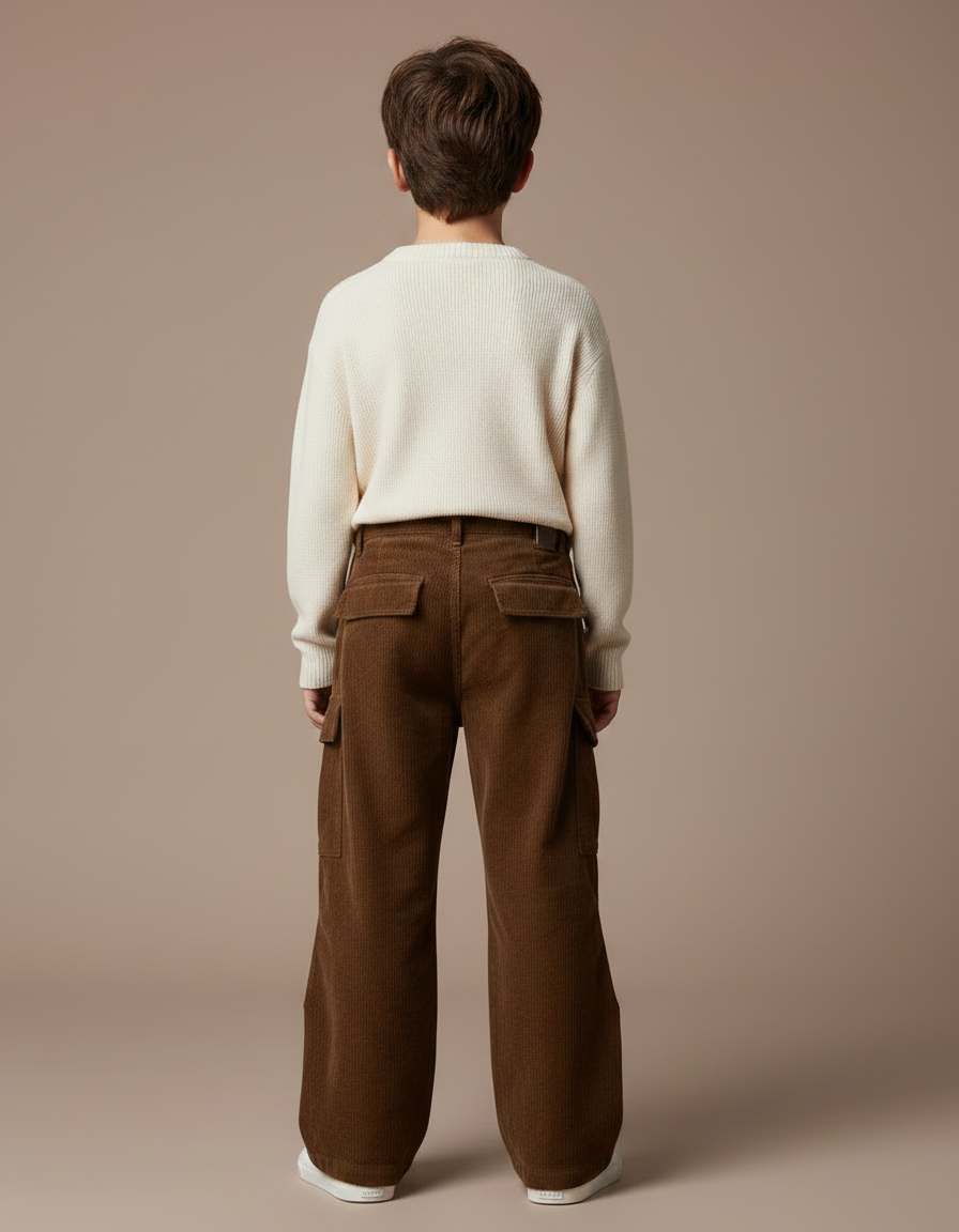 Pantalon Patte D'Éléphant Marron Côtelé Ample Cargo Enfant - Cordé - vue 2