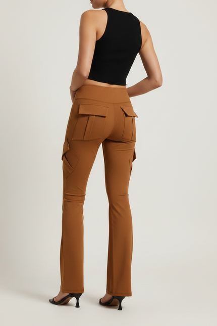 Pantalon Patte D'Éléphant Marron Cargo Taille Haute Évasé - Polyester - vue 2