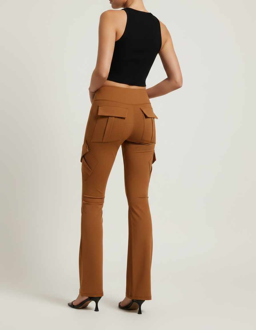 Pantalon Patte D'Éléphant Marron Cargo Taille Haute Évasé - Polyester - vue 2