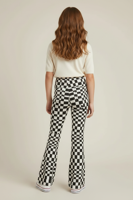 Pantalon Patte D'Éléphant Évasé Carreaux Noir Blanc Fille - Multicolore Maille - vue 2