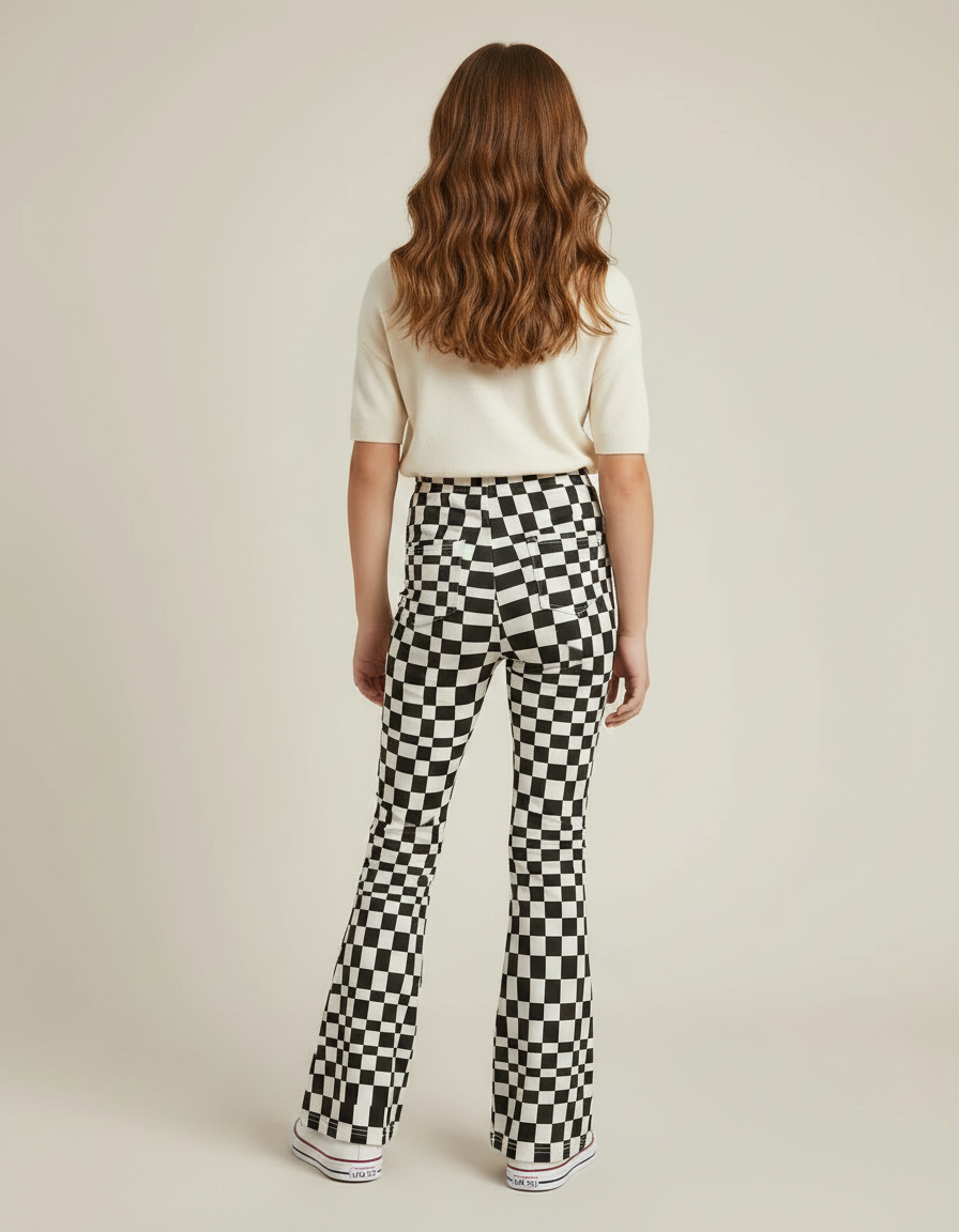 Pantalon Patte D'Éléphant Évasé Carreaux Noir Blanc Fille - Multicolore Maille - vue 2