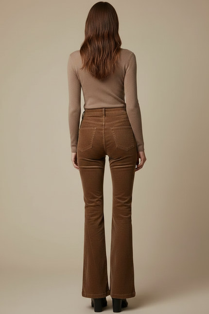 Pantalon Patte D'Éléphant Marron Côtelé Ajusté Évasé Rétro - Cordé - vue 2
