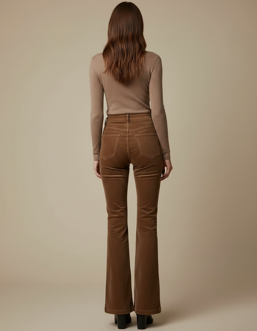 Pantalon Patte D'Éléphant Marron Côtelé Ajusté Évasé Rétro - Cordé - vue 2