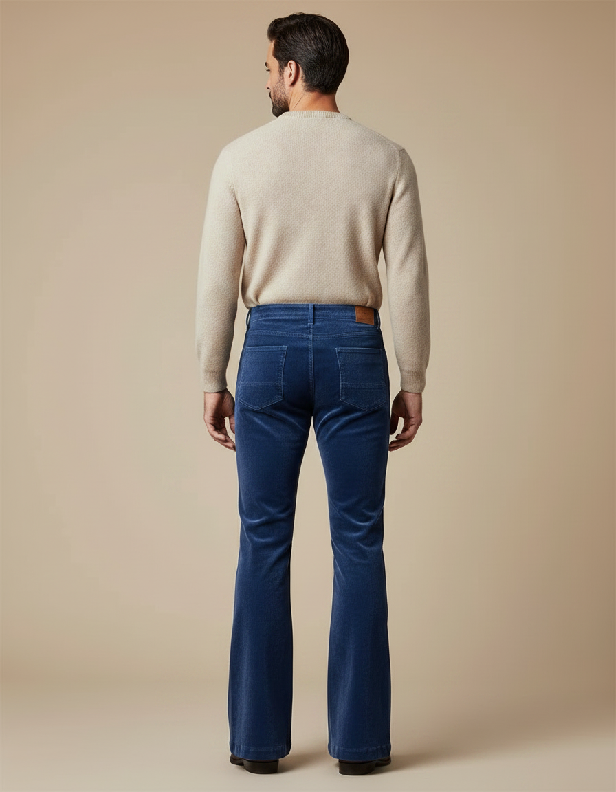 Pantalon Patte D'Éléphant Bleu Côtelé Homme Évasé Élégant - Cordé - vue 2