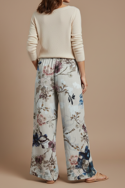 Pantalon Patte D'Éléphant Beige Floral Fluide Cordon Ample - Lin - vue 2