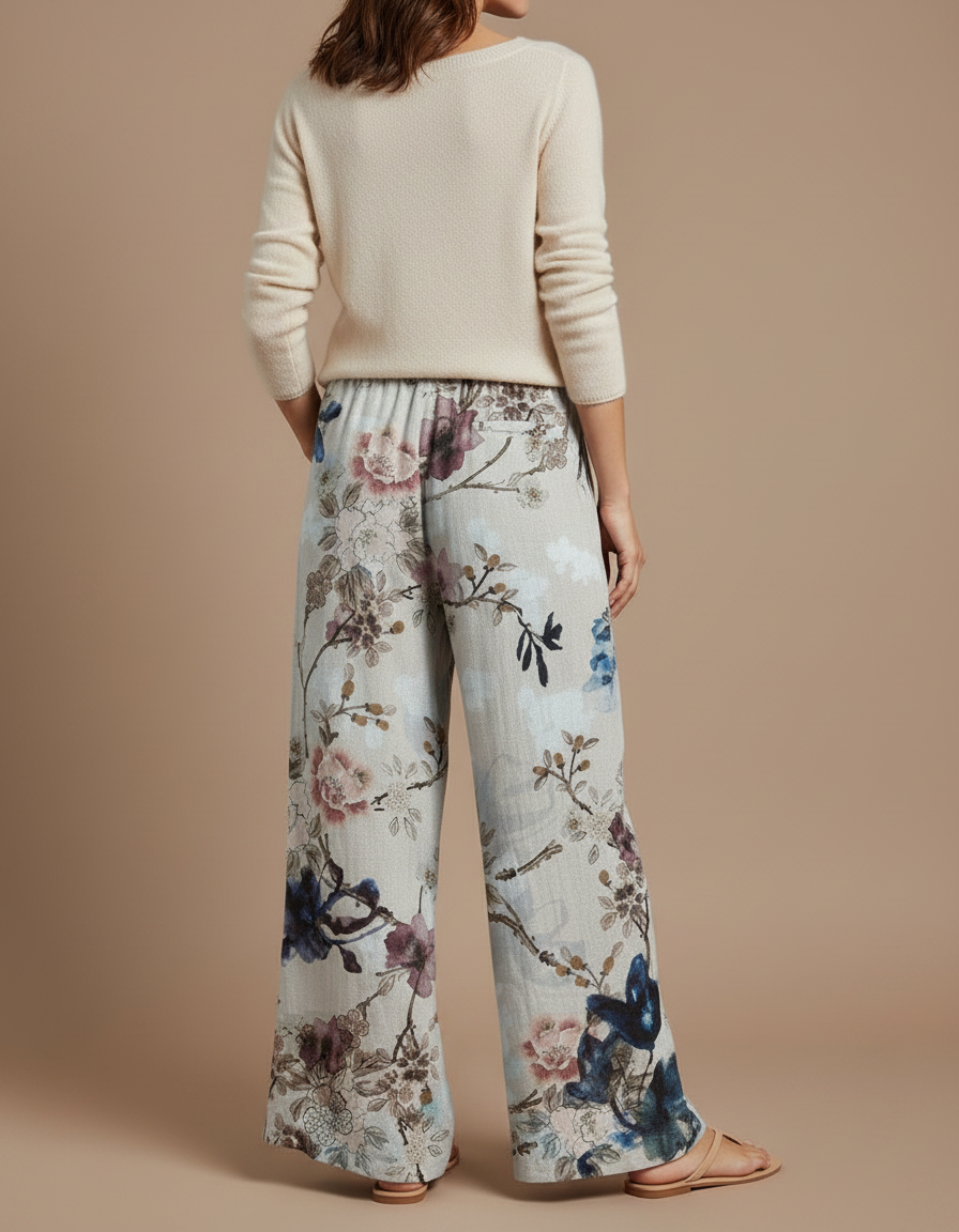 Pantalon Patte D'Éléphant Beige Floral Fluide Cordon Ample - Lin - vue 2