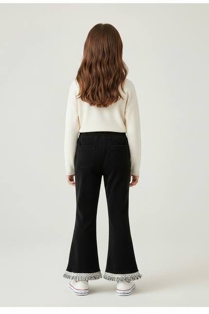 Pantalon Patte D'Éléphant Noir Côtelé Franges Tressées Fille - Cordé - vue 2