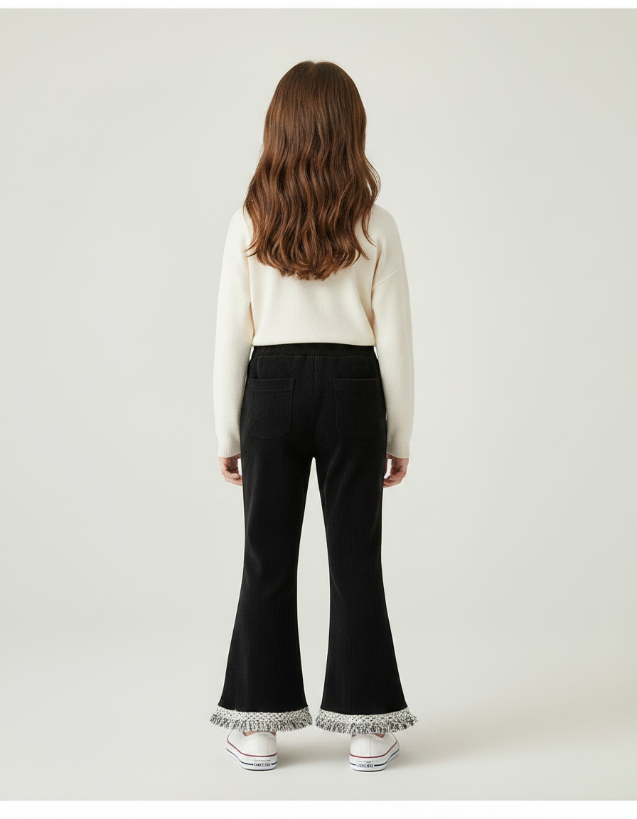 Pantalon Patte D'Éléphant Noir Côtelé Franges Tressées Fille - Cordé - vue 2
