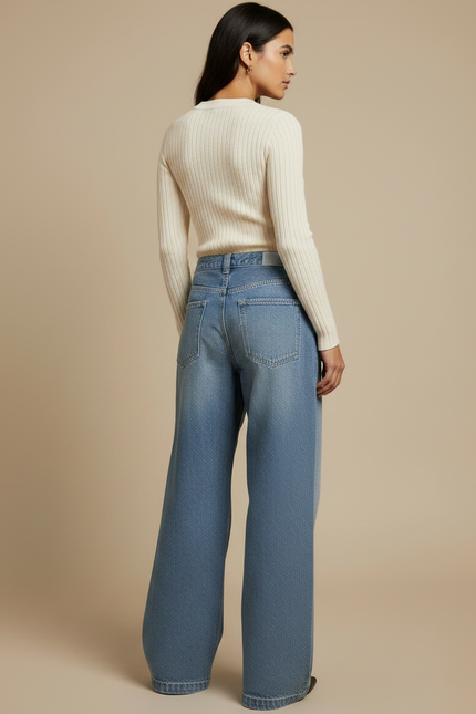 Pantalon Patte D'Éléphant Denim Ample Bleu Délavé Taille Haute - Jean - vue 2