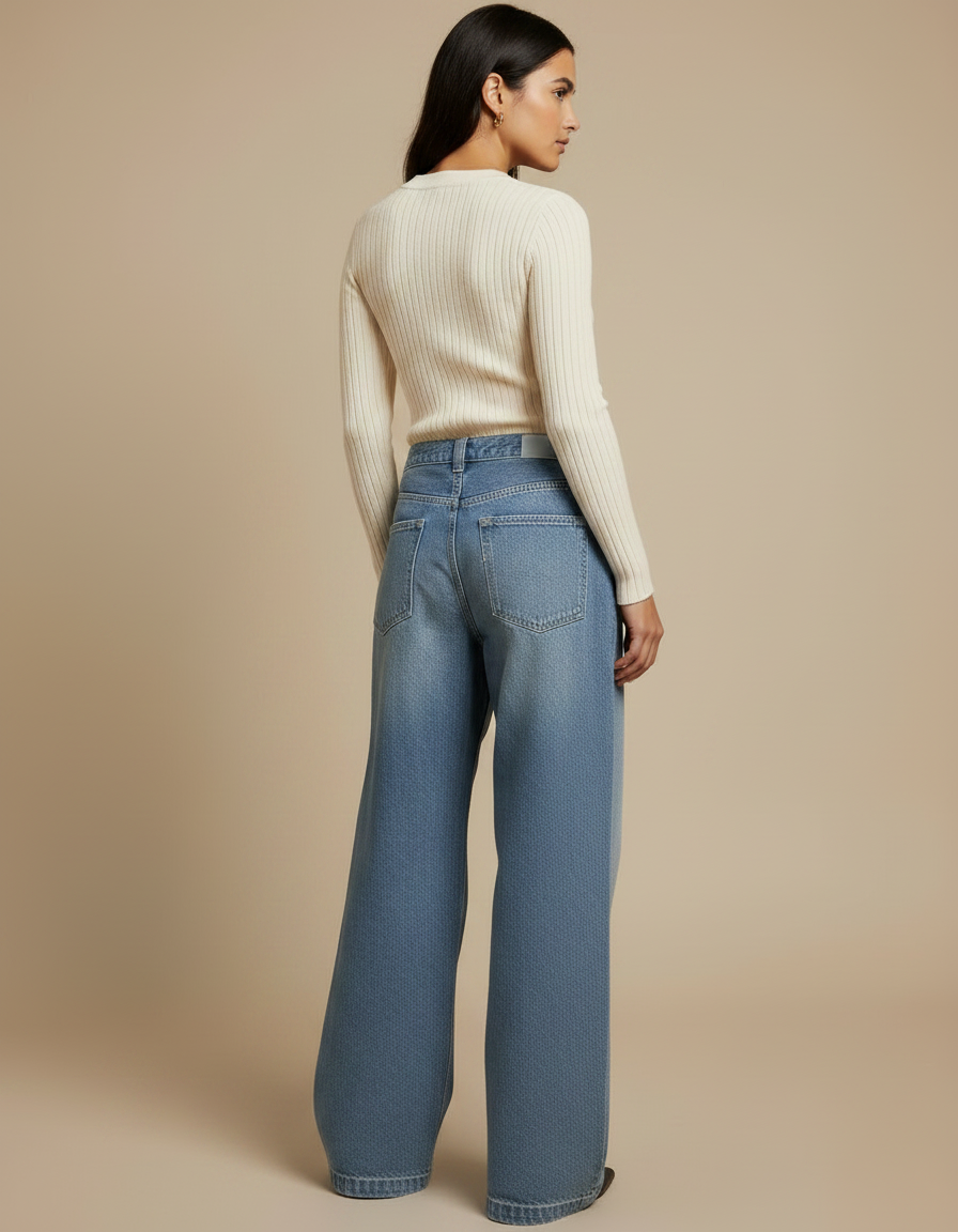 Pantalon Patte D'Éléphant Denim Ample Bleu Délavé Taille Haute - Jean - vue 2