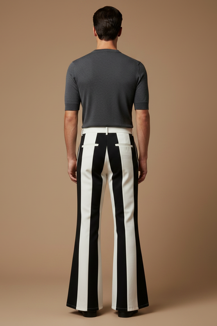 Pantalon Patte D'Éléphant Rayé Noir Blanc Évasé Rétro Homme - Multicolore Gabardine - vue 2