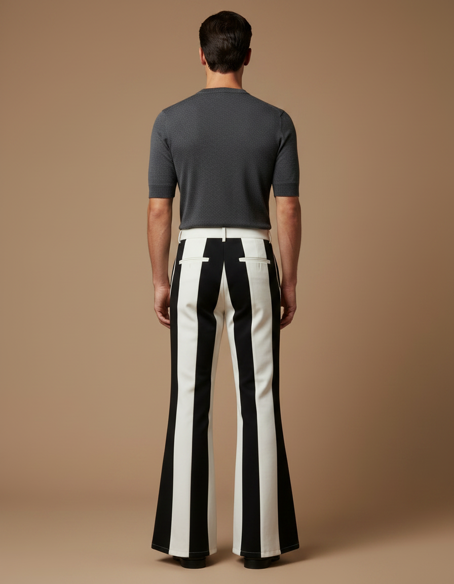 Pantalon Patte D'Éléphant Rayé Noir Blanc Évasé Rétro Homme - Multicolore Gabardine - vue 2