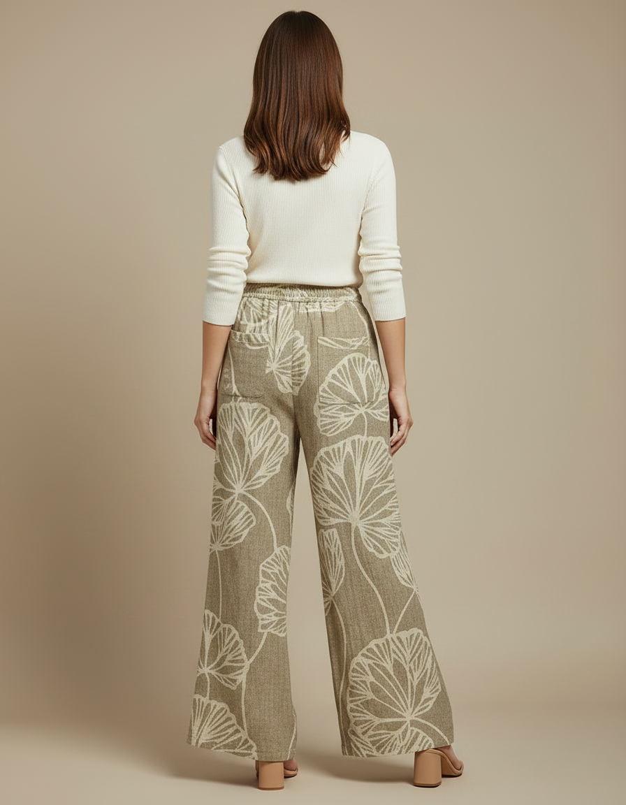 Pantalon Patte D'Éléphant Imprimé Botanique Fluide Beige Cordon - Lin - vue 2
