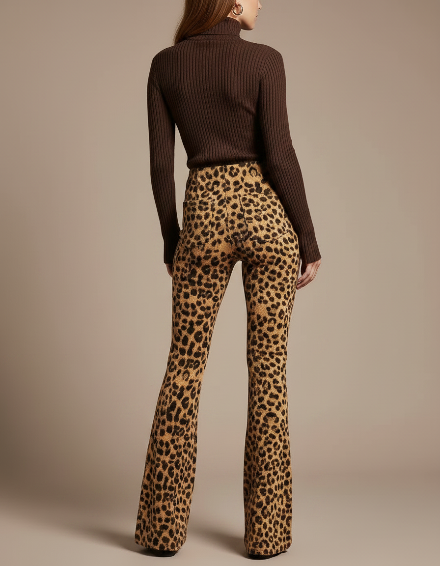 Pantalon Patte D'Éléphant Léopard Imprimé Taille Haute Évasé - Maille - vue 2