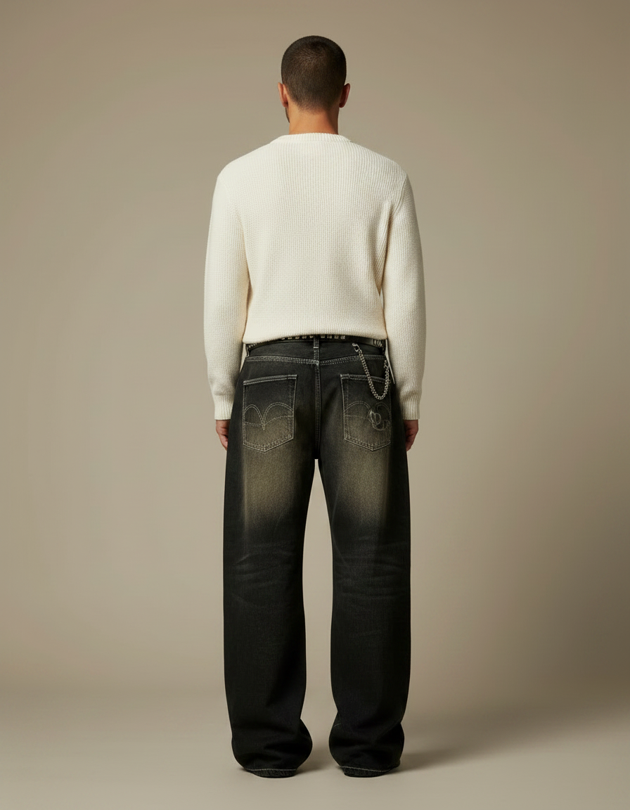 Pantalon Patte D'Éléphant Baggy Imprimé Tigre Vintage Homme - Gris Jean - vue 2