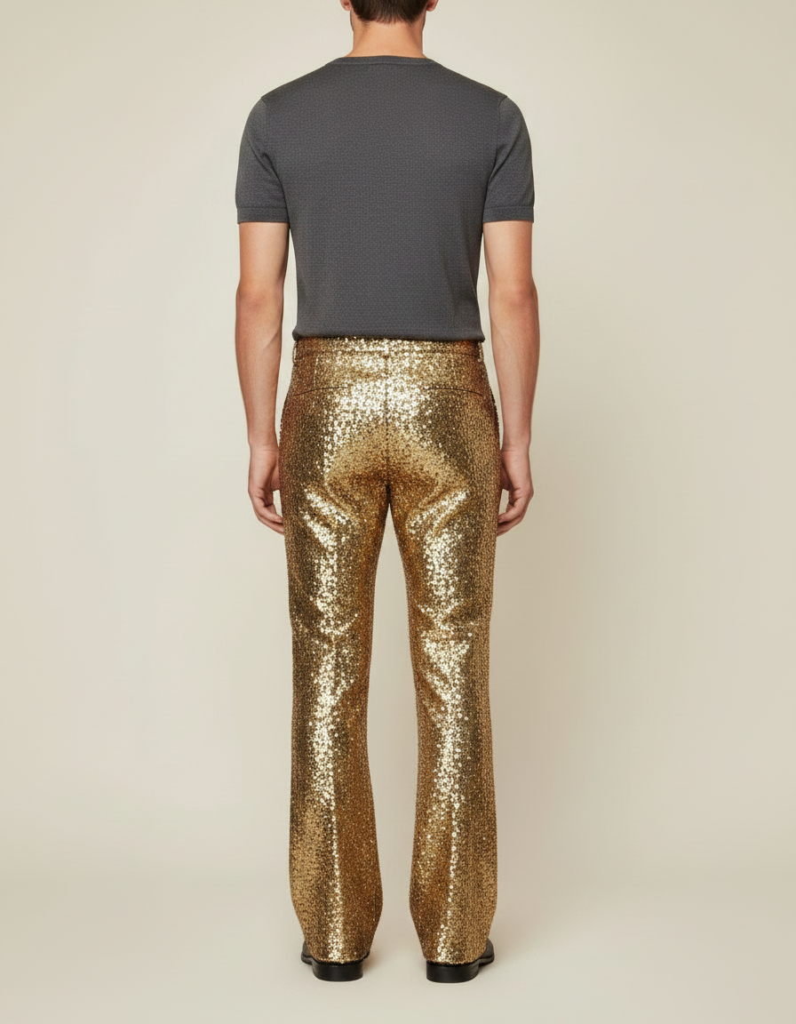 Pantalon Patte D'Éléphant Doré Pailleté Brillant Évasé Homme - Polyester - vue 2