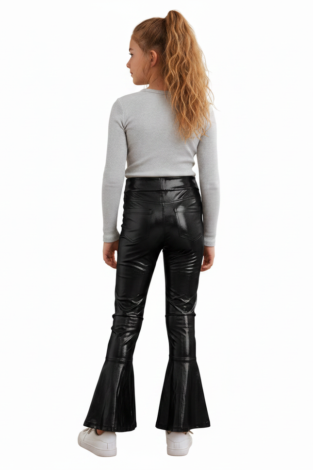 Pantalon Patte D'Éléphant Noir Brillant Évasé Fille - Simili cuir - vue 2