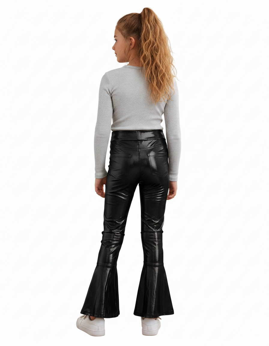 Pantalon Patte D'Éléphant Noir Brillant Évasé Fille - Simili cuir - vue 2
