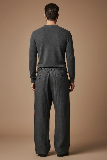 Pantalon Patte D'Éléphant Gris Brodé Ethnique Ample Décontracté - Lin - vue 2