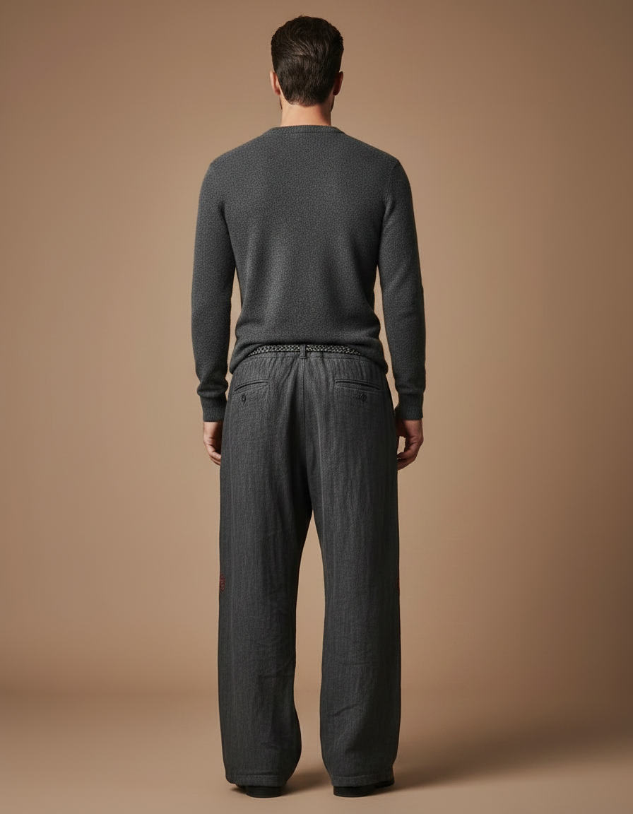 Pantalon Patte D'Éléphant Gris Brodé Ethnique Ample Décontracté - Lin - vue 2