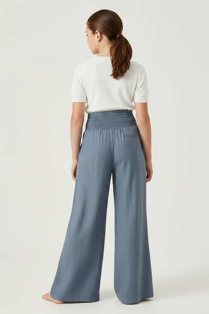 Pantalon Patte D'Éléphant Bleu Taille Smockée Ample Fluide Fille - Viscose - vue 2