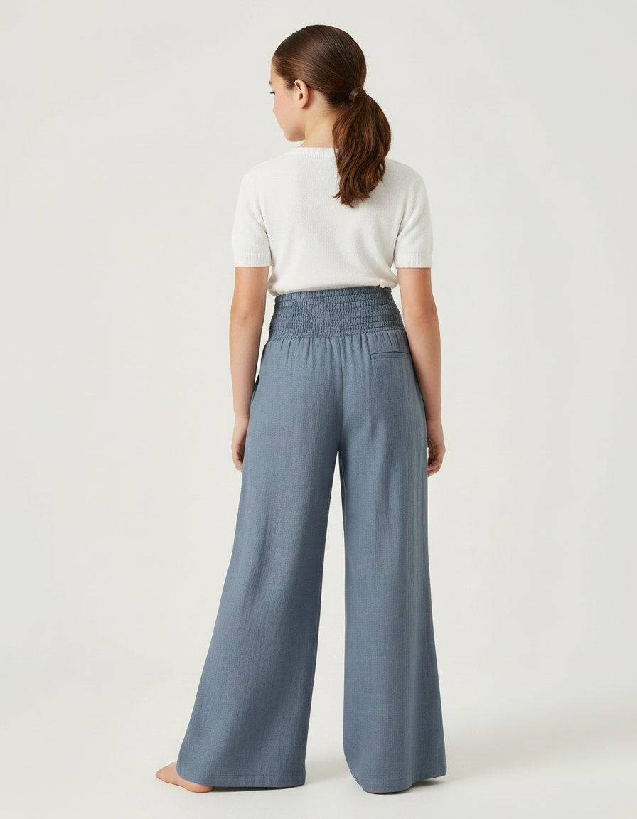 Pantalon Patte D'Éléphant Bleu Taille Smockée Ample Fluide Fille - Viscose - vue 2