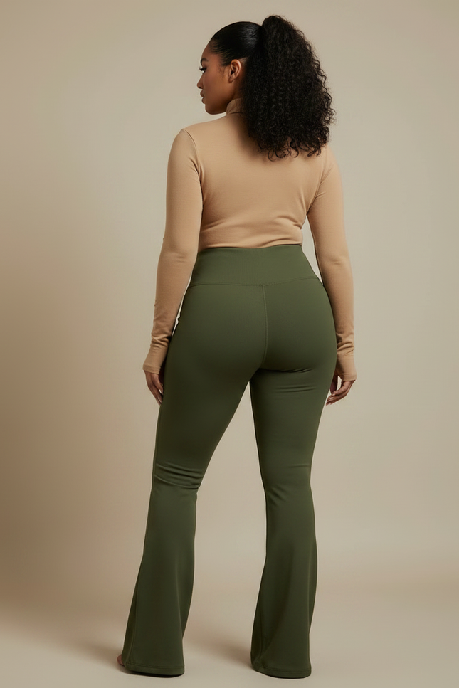 Pantalon Patte D'Éléphant Vert Kaki Taille Haute Ajusté Sportif - Polyester - vue 2