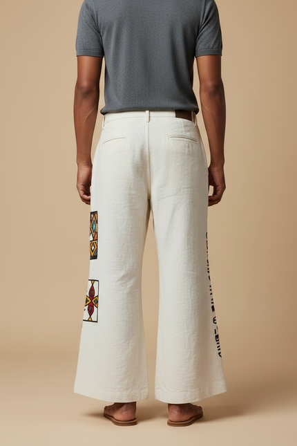 Pantalon Patte D'Éléphant Écru Lin Ample Motifs Ethniques Colorés - Beige - vue 2