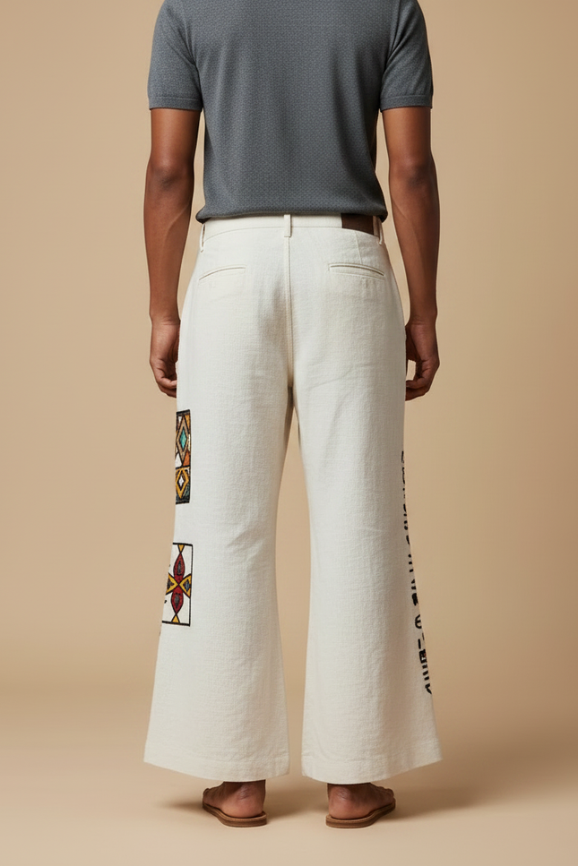 Pantalon Patte D'Éléphant Écru Lin Ample Motifs Ethniques Colorés - Beige - vue 2