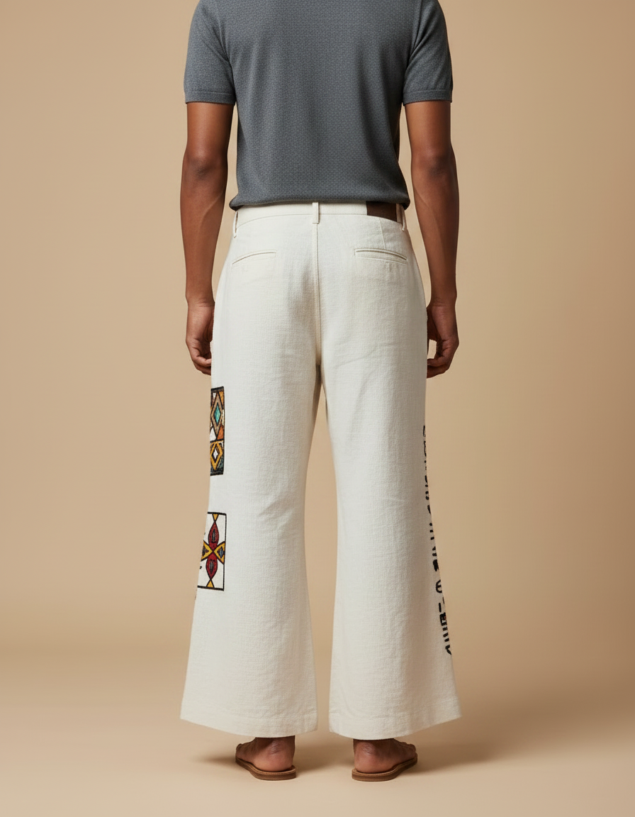 Pantalon Patte D'Éléphant Écru Lin Ample Motifs Ethniques Colorés - Beige - vue 2