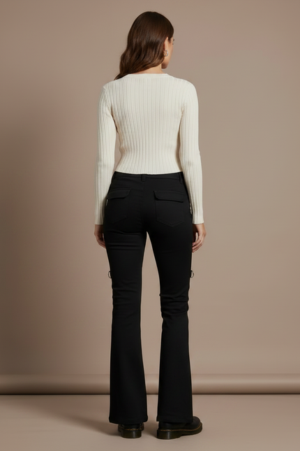 Pantalon Patte D'Éléphant Noir Évasé Anneaux Métal - Gabardine - vue 2
