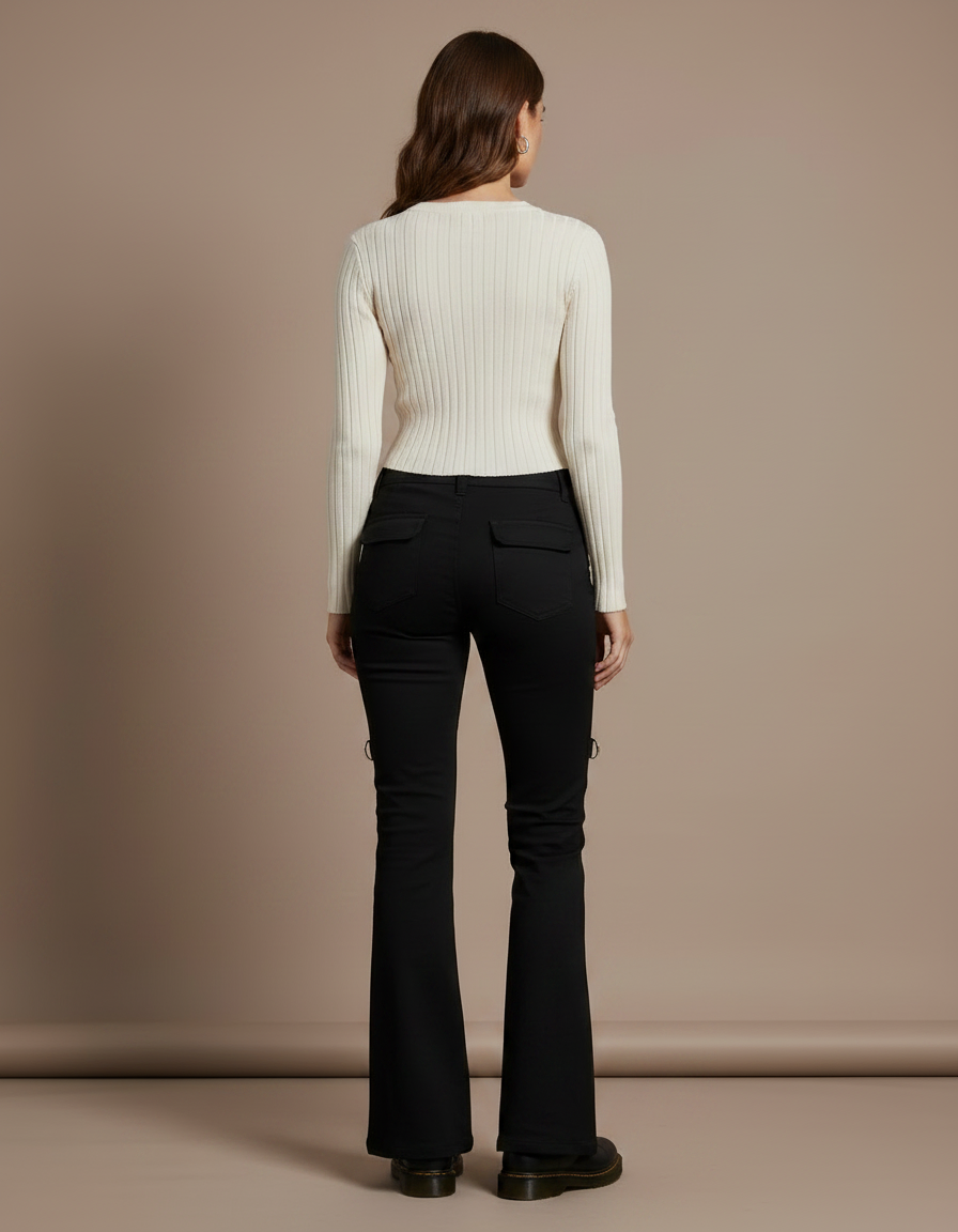 Pantalon Patte D'Éléphant Noir Évasé Anneaux Métal - Gabardine - vue 2
