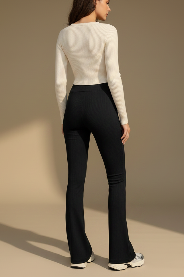 Pantalon Patte D'Éléphant Noir Côtelé Taille Haute Ajusté - Maille - vue 2